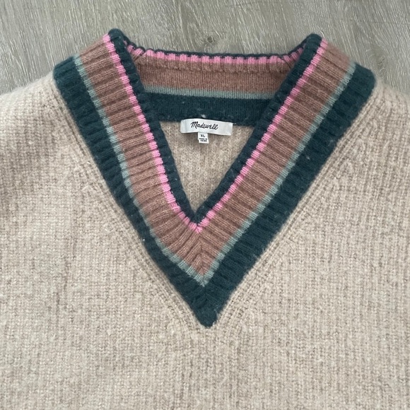 Madewell Sweater Size Large Womens Beige Wool Blend Tipped Forest V Neck Knit - Picture 4 of 4